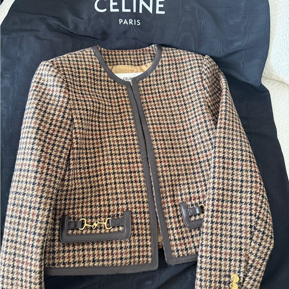 NWT Celine Brown & Cream Houndstooth Tweed Blazer with Leather Trim